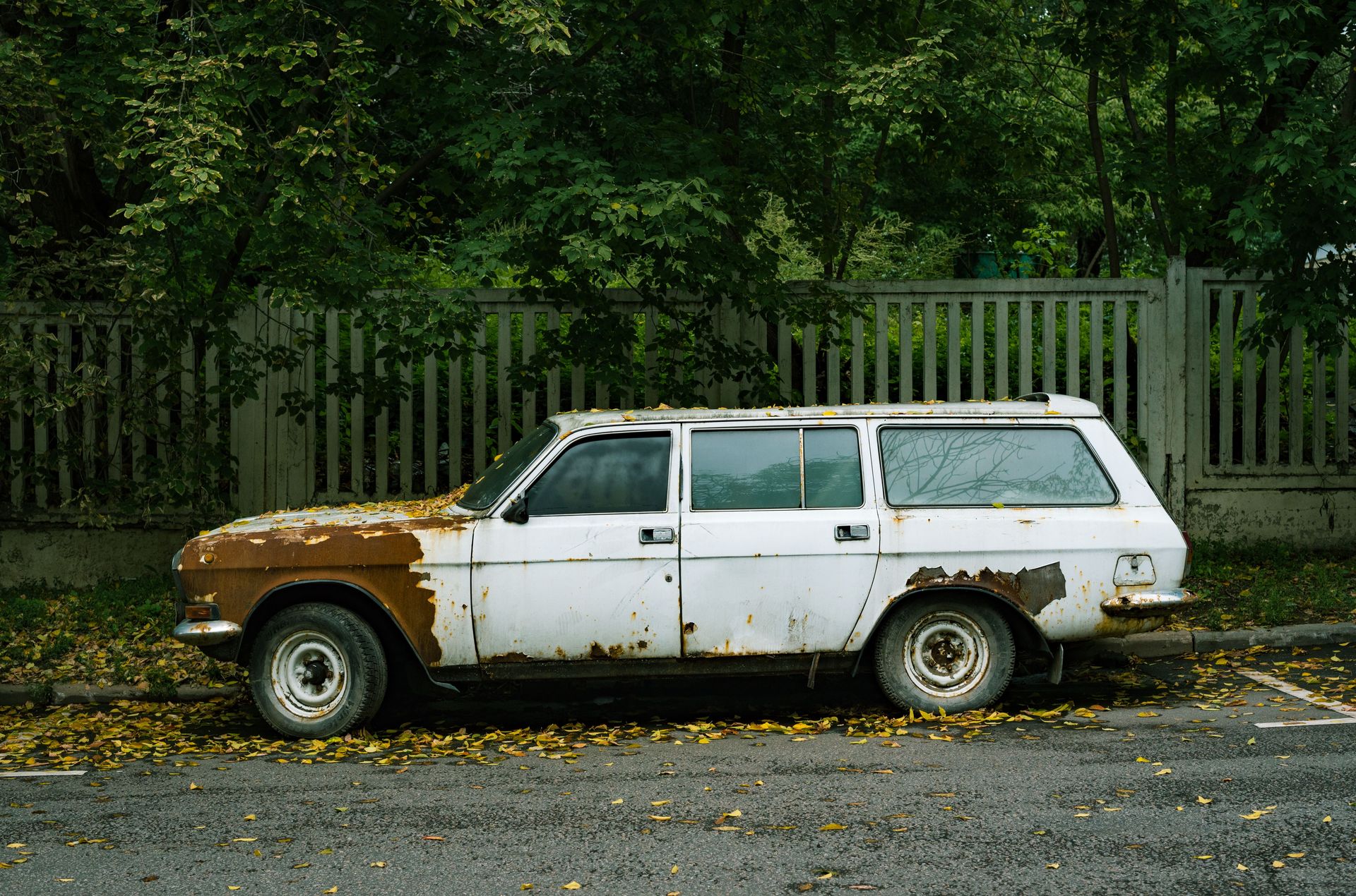 A decaying vintage station wagon rusting on a Moscow street, surrounded by lush greenery.